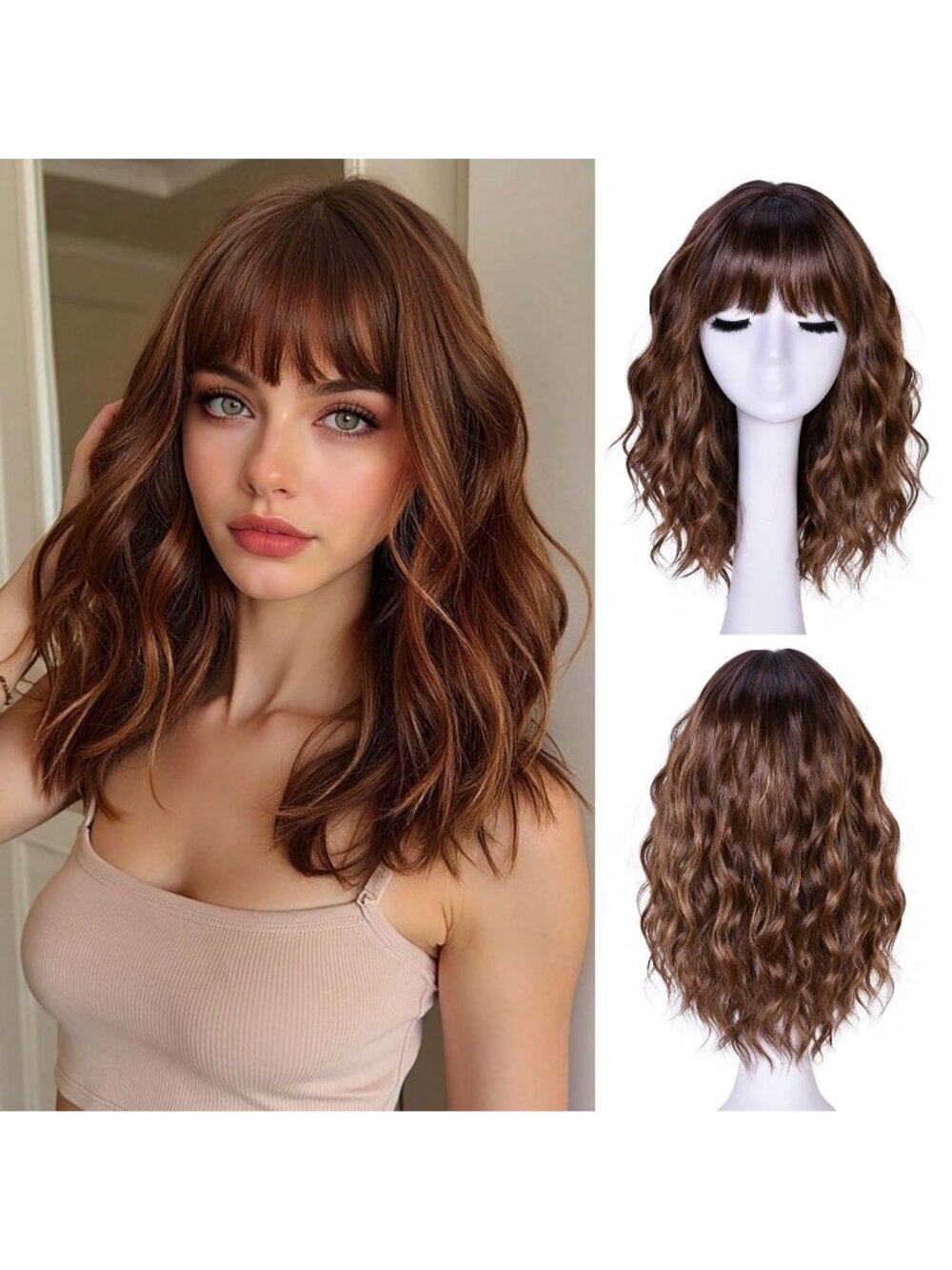 Women's Brown Caramel 14 Inch Natural Synthetic Short Curly Wavy Fiber Wigs